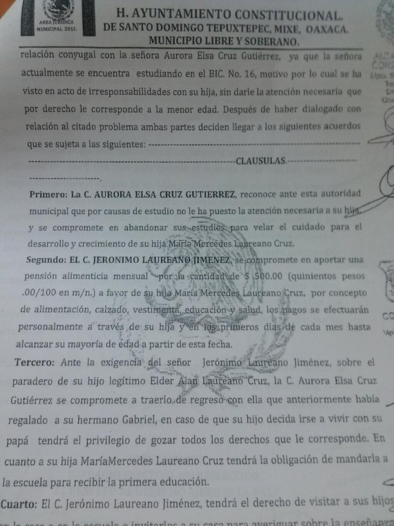 Imagen del acta expedida por el Ayuntamiento de Santo Domingo Tepuxtepec. Twitter (@itzel_espinosa)