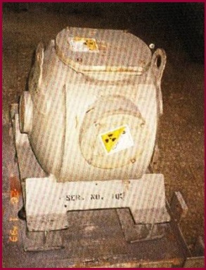 Uno de los contenedores que se vendieron como chatarra. No identificaron la advertencia de material radioactivo. Foto: Especial