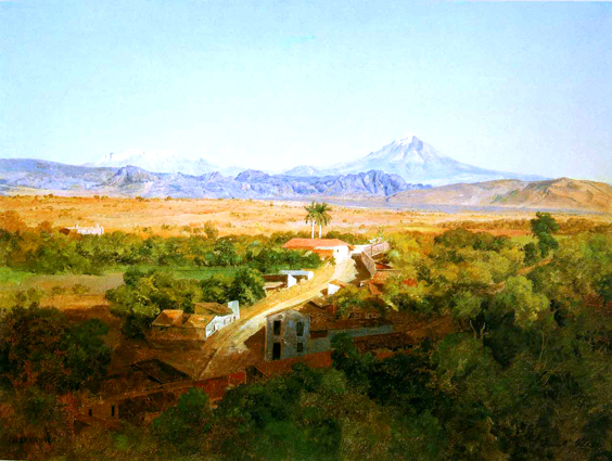 Vista del Valle de Cuernavaca y de los Volcanes desde el Palacio de Cortés, óleo de José María Velasco, 1881