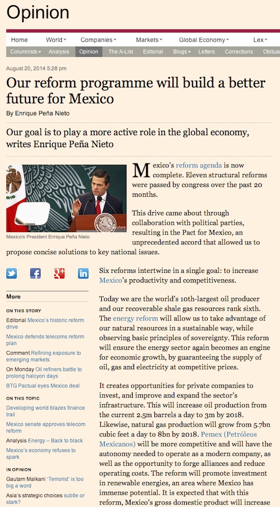 Columna de enrique Peña Nieto en Financial Times. Foto: Financial Times