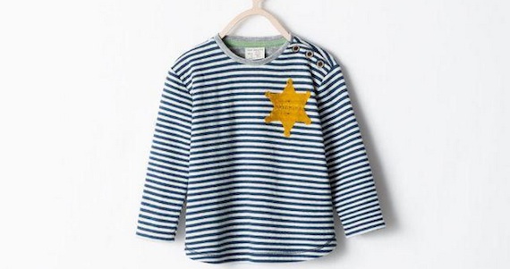 Camiseta para niños cuyo diseño se asemeja a los uniformes que llevaron los judíos en los campos de concentración nazis. Foto: Twitter