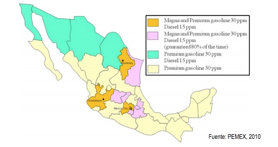Sólo se distribuye diesel UBA en las principales zonas metropolitanas y la franja fronteriza, a pesar de la que la NOM-086 marca que se haga en todo el territorio nacional.
