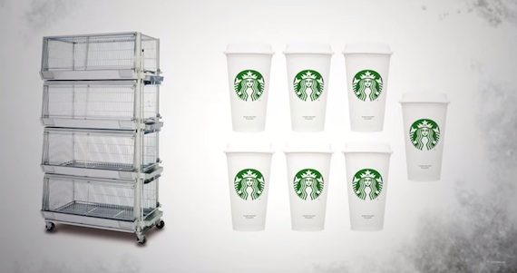 La organización protectora de los derechos de los animales The Humane League afirma que el tamaño de las jaulas donde tienen a las gallinas es equivalente a meter siete vasos tamaño "venti". Imagen: YouTube.