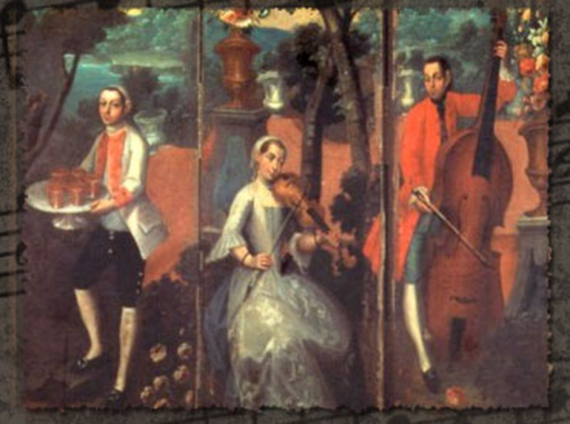 Músicos novohispanos, detalle de biombo.