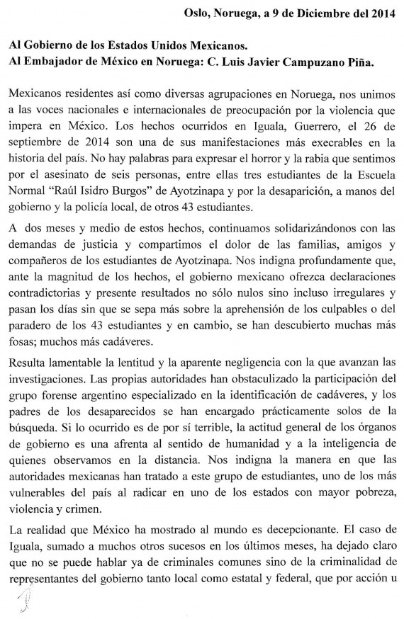 Documento entregado a la Embajada mexicana en Noruega.