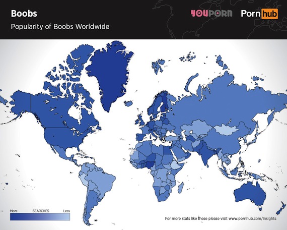 Los países en el mundo con mayor preferencia por los senos resultaron ser aquellos con climas predominantemente fríos. Foto: Pornhub Insight