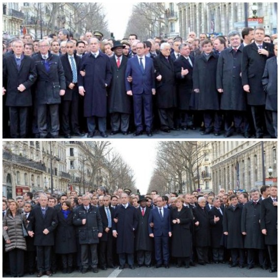 En la imagen original Merkel aparecía tomada del brazo con el presidente francés, François Hollande, pero en la versión de Hamodia el diario la sustituye por el presidente palestino Mahmud Abbas Foto: Especial