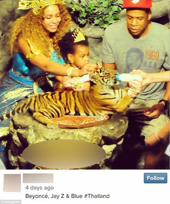 Esta fotografía junto con otra donde se ve a la cantante estadounidense montar un elefante fueron difundidas en Internet. Foto: Instagram.