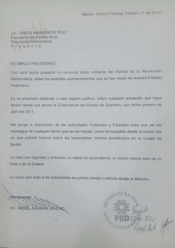 Carta de renuncia de Aguirre. Foto: Noticias Acapulco.