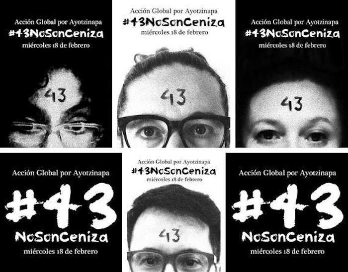 Bajo el hashtag #43NoSonCeniza", los cibernautas exigen la presentación con vida de los 43 normalistas. Foto: Twitter.