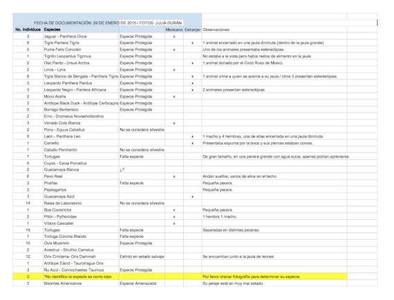 Relación de animales documentado por Igualdad Animal. Cortesía.