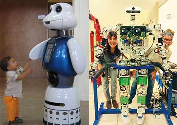 Robots desarrollados por el grupo Robotics Lab de la Universidad Carlos III. A la izquierda, Maggie. A la derecha, TEO con Concepción Monje y la diseñadora Marina Anaya