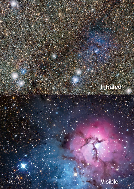 Comparación de imágenes en el infrarrojo y el visible de la nebulosa Trífida. Foto: ESO