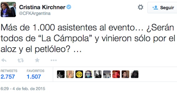 El particular sentido del humor de Cristina Fernández se convirtió de inmediato en tema del día entre los usuarios argentinos de Twitter. Foto: Twitter @CFKArgentina