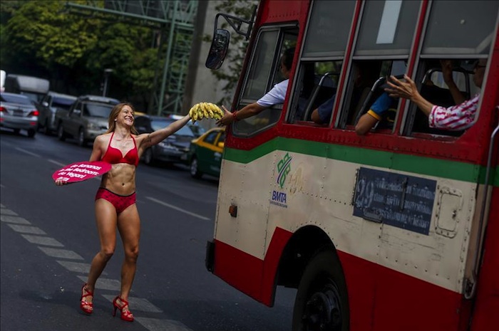 Una activista de la organización PETA reparte plátanos en una intersección de Bangkok. organización PETA reparte plátanos en una intersección de Bangkok. Foto: EFE