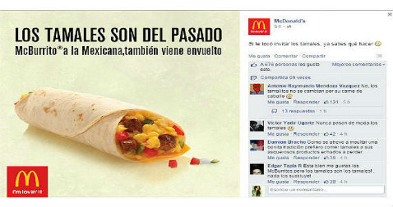 El mensaje -que casi de inmediato fue retirado- se complementaba con una fotografía de un burrito con huevo que tenía como texto “Los tamales son del pasado. El McBurrito a la mexicana también viene envuelto”. Fotografía: Facebook de McDonald's México