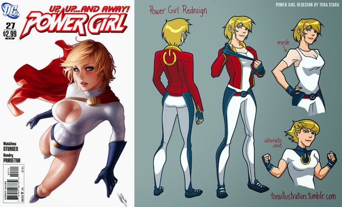 El pronunciado escote de Power Girl desaparece por completo bajo la mano de Tora Stark. A cambio logra un aire más juvenil del personaje. Foto: io9