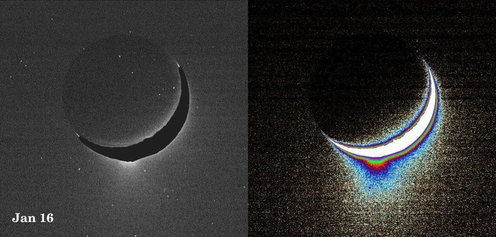 Columnas de material helado se extienden por encima de la región polar sur de Encelado. Foto: ESA