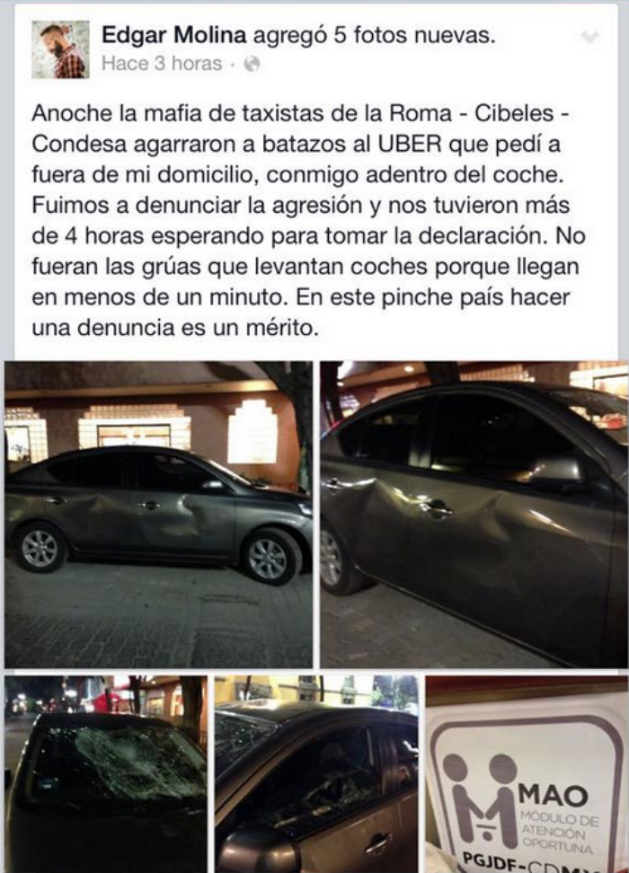 Así quedó el automóvil que fue vandalizado por supuestos taxistas de la Roma Condesa. Foto: Facebook