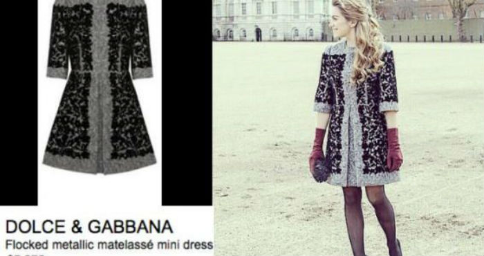 En la imagen se puede observar a la joven ataviada con un vestido de lana negro con aplicaciones en gris de la marca de Dolce & Gabbana, valuado en 7 mil 275 dólares (114 mil 799 pesos al tipo de cambio de hoy). Foto: Especial