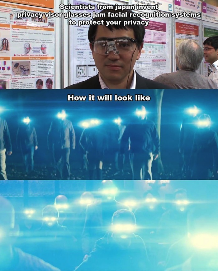 Los primeros lentes para evitar el reconocimiento facial fueron objeto de muchas burlas por parte de cibernautas. Foto: Internet