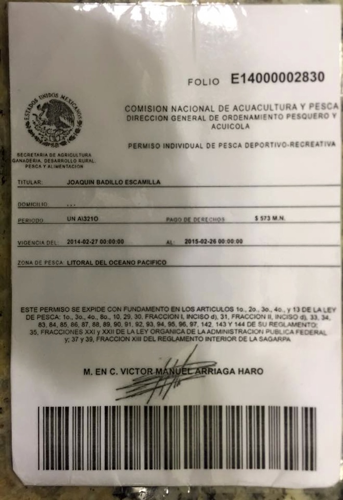 El permiso de pesca deportiva que el candidato del Partido Verde difundió en sus redes.