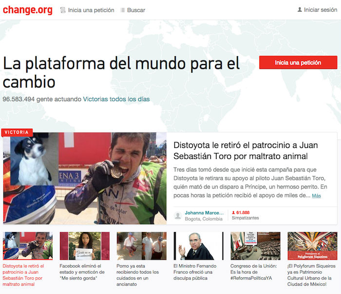Change es quizás la plataforma de peticiones más reconocida nivel nacional, así como en la mayor parte del mundo. Foto: Screenshot