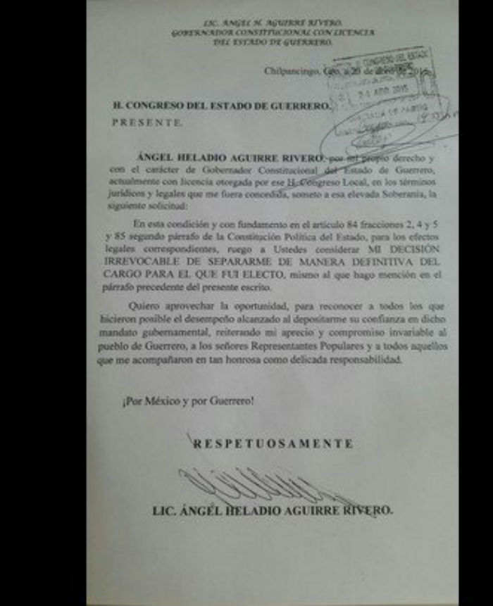 El ex mandatario había solicitado una licencia temporal hace 6 meses, tras la presión política que se había suscitado por la desaparición de los 43 normalistas de la Normal Rural Isidro Burgos de Ayotzinapa. Foto: Especial