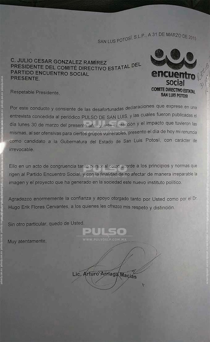 La renuncia. Foto: Pulso.