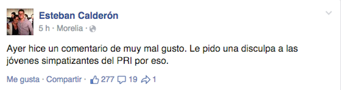 Ernesto Calderón se disculpa en Facebook Foto: Screenshot