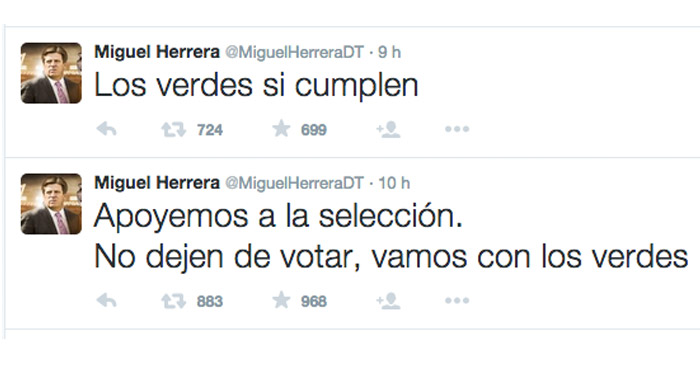 Tuits del "Piojo" Herrera el día de la elección. El director técnico también es asesorado por Danna Vázquez. Foto: Captura de pantalla