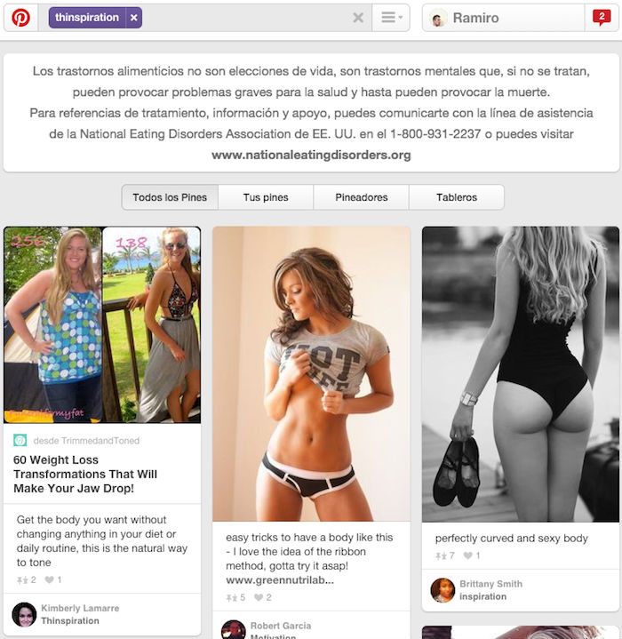 Esta red social incluye advertencias cuando se buscan ciertos términos. Imagen: Pinterest