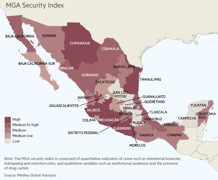 El índice se basa en indicadores de homicidios, secuestros y extorsiones así como en variables cualitativas como la debilidad de las instituciones . Gráfico Medley Global Advisors.