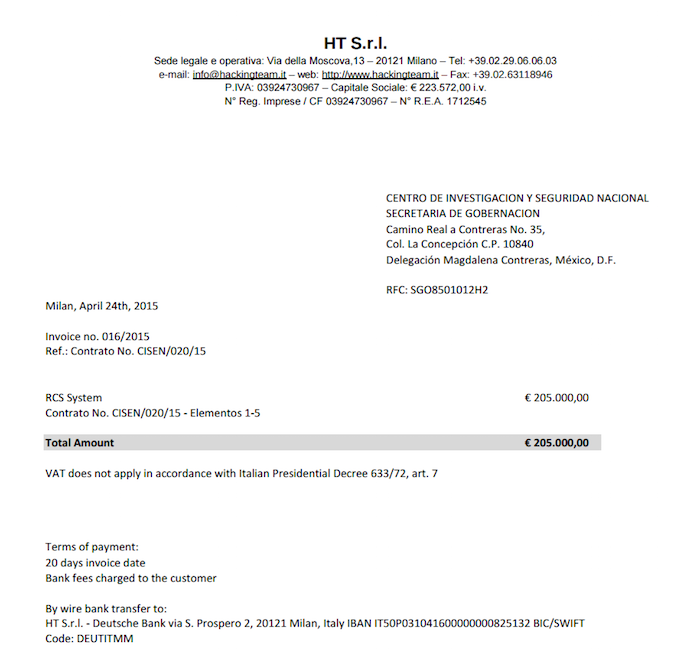 La factura difundida por la Red en Defensa de los Derechos Digitales.