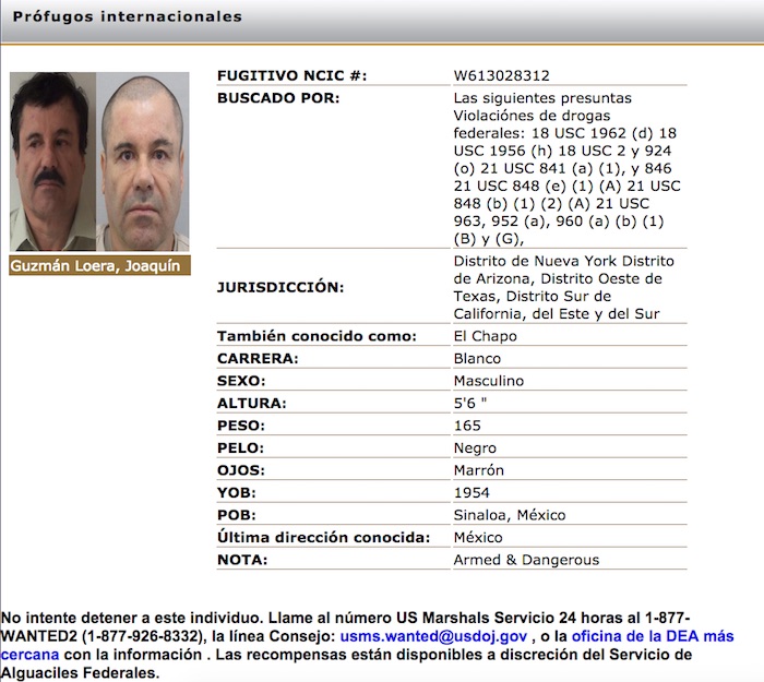 La Ficha Emitida por la DEA donde se ofrecen datos que pueden ayudar a la captura del líder del cártel de Sinaloa. Foto: DEA