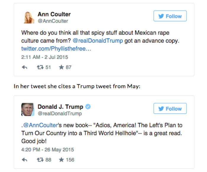 Ahora Coulter afirma que Trump leyó su libro y consiguió allí sus "temas picantes sobre la cultura mexicana y sus violadores". Foto: captura de pantalla de Twitter