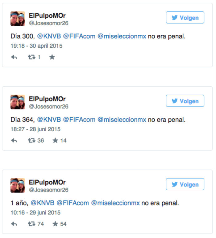 Pero hubo un mexicano, el usuario @Josemor26 que por 392 días consecutivos tuiteó "No era Penal". Foto: Twitter