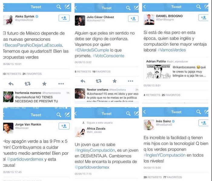 Algunos de los tuits publicados a favor del Partido Verde.