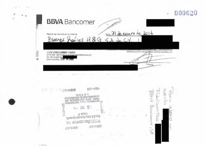 El cheque con el que Luis Videgaray pagó su casa y al que tuvo acceso Bloomberg.