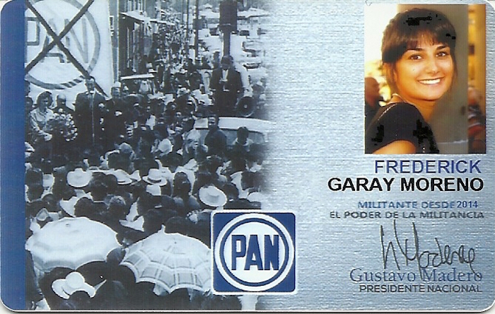 Frederick Garay Moreno, aunque su nombre parece masculino, en su foto de su credencial de afiliación al PAN, aparece como una joven mujer.  Foto: Especial, SinEmbargo