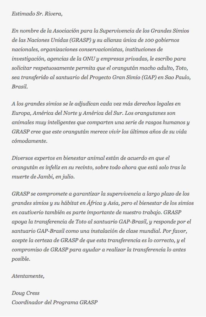 Carta de Doug Cress a , tomada del portal