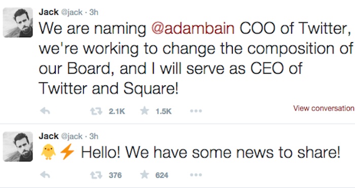 Jack Dorsey dio el anunció mediante su propia cuenta del microbologging. Foto: Twitter.