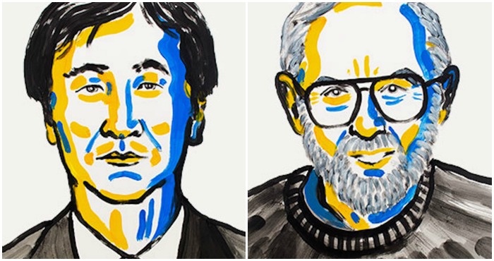 El japonés Takaaki Kajita y el canadiense Arthur B. McDonald. Foto: Nobel Media.