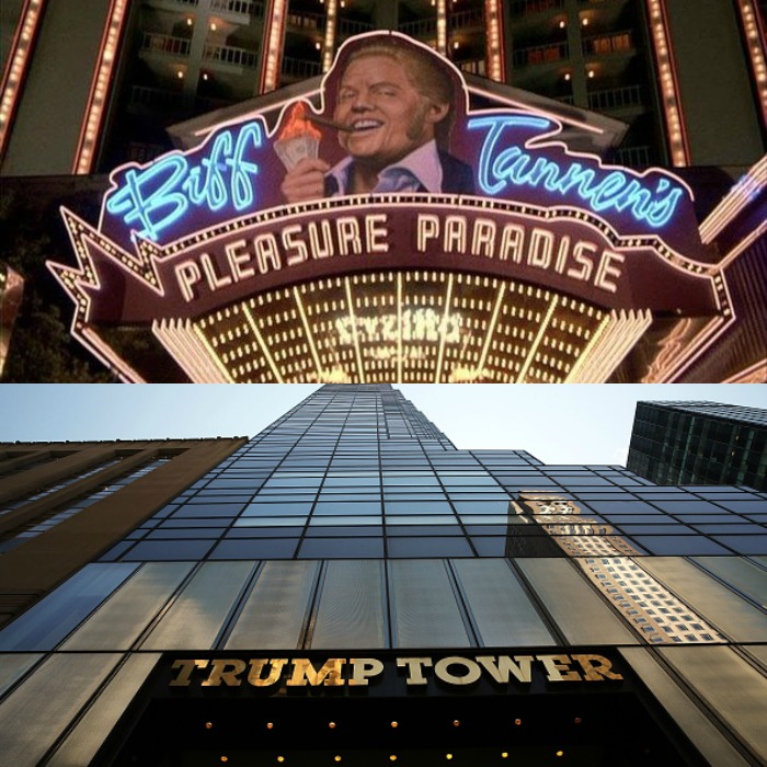 Comparativo de la torre de Biff Tannen y la de Trump. Foto: Especial