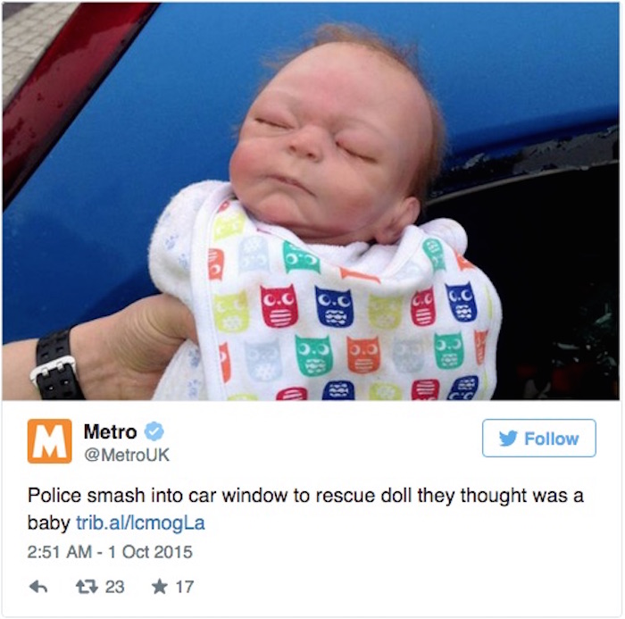 Bebé auto Foto: Vía Twitter @MetroUK