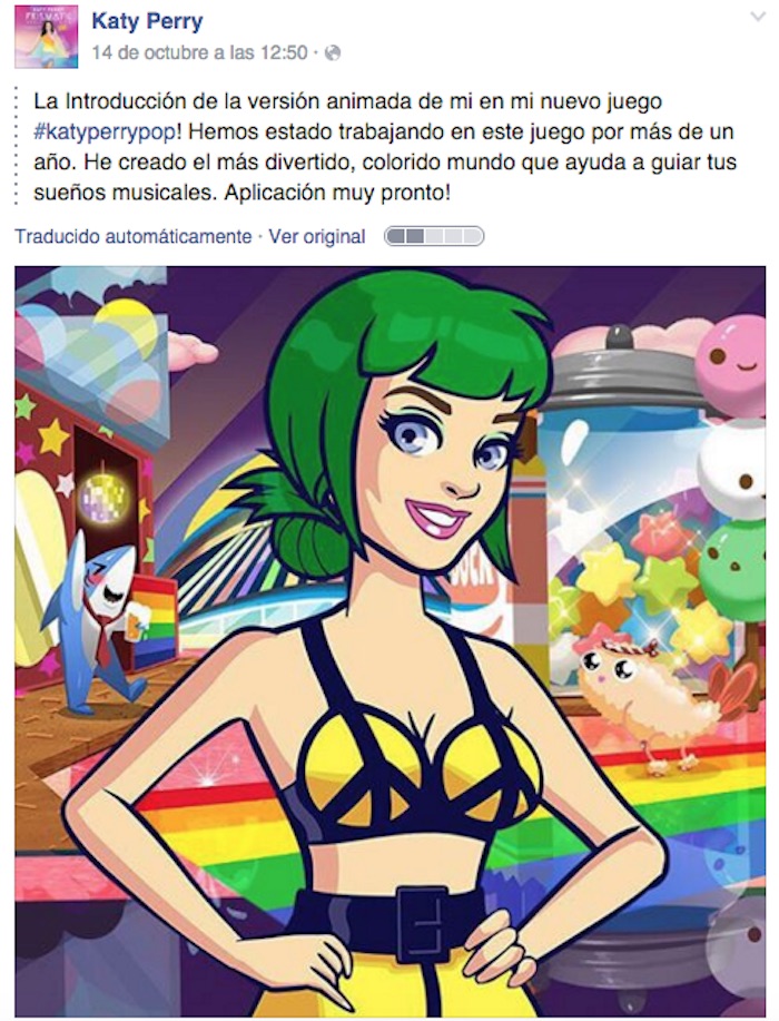 Katy Perry Facebook La cantante compartió en su muro la noticia del lanzamiento de su videojuego. Foto: Facebook