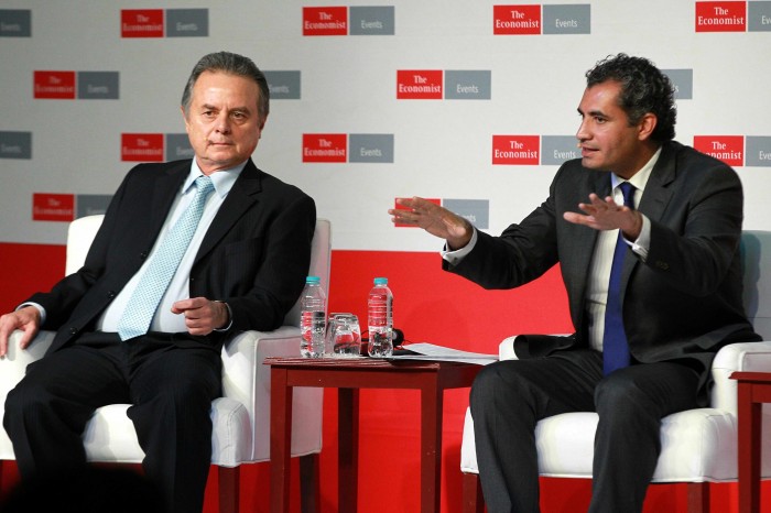 El secretario de Energia, Pedro Joaquín Coldwell, y director de la Comisión Federal de Electricidad CFE, Enrique Ochoa Reza, participaron en el panel "La ecuación de la Energía: La implementación de la Reforma", dentro de The 25th Anniversary México Summit, en la que señalaron que esperan inversiones extranjeras. Foto: Notimex