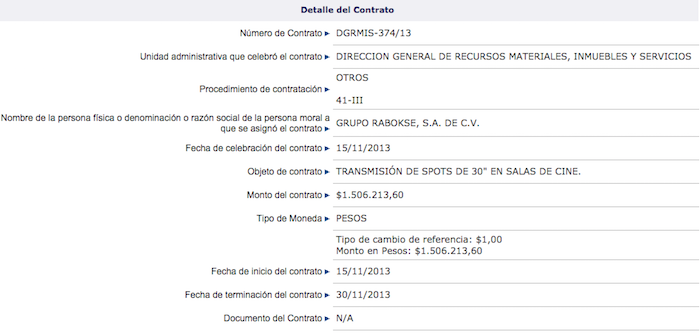 Contrato celebrado con Sagarpa de acuerdo con el portal de transparencia. Foto: Captura de pantalla