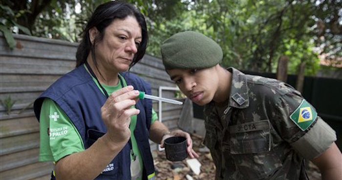 Una funcionaria de la secretaría de Salud Pública de Sao Paulo muestra a un soldado larvas del mosquito Aedes aegypti, halladas durante una operación de limpieza contra el insecto, que transmite el virus zika, en Sao Paulo, Brasil. Foto: AP