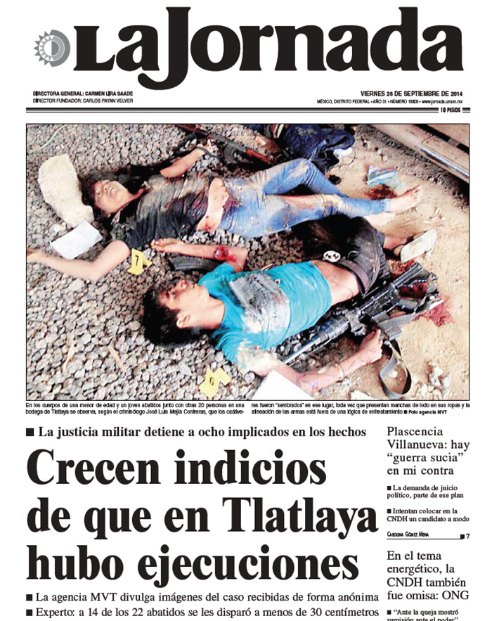 Érika Gómez, ejecutada a los 14 años por militares en Tlatlaya. Imagen de portada de La Jornada de 26 de septiembre de 2014